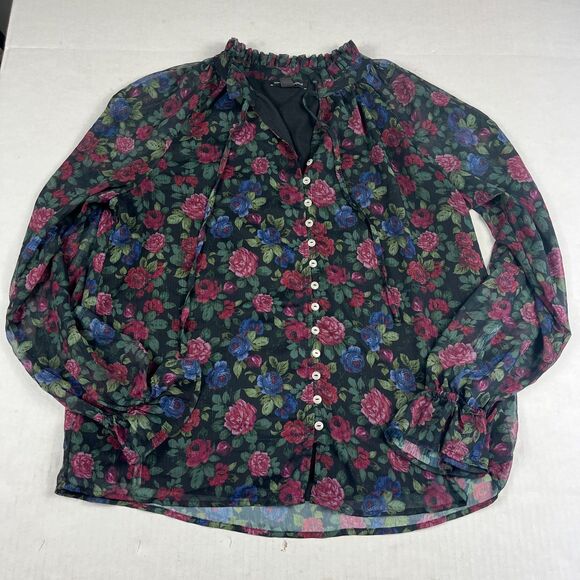Saks Fifth Avenue Floral Blouse Sheer Long Sleeve Romantic Button Top Medium - Picture 1 of 10